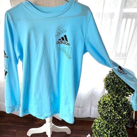 Adidas Long Sleeve Falling Badge of Sport Tee Bliss Blue Size Large NWT - Picture 2 of 11